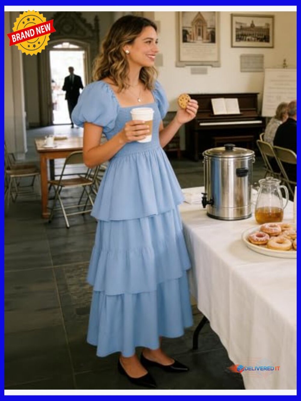 Lightweight Midi Dress with Puff Sleeves, Smocked Bodice, and Tiered Skirt - Picture 3 of 7